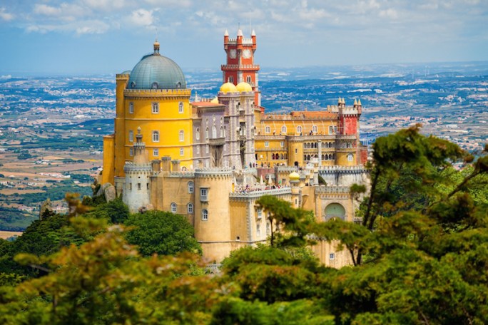 Panorama of Pena National Palace above Sintra town, Portugal